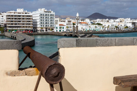 A view of Arrecife from Castillo de San Gabriel in Lazarote, Spain.のeditorial素材