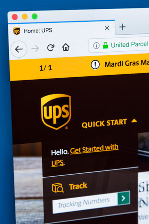 LONDON, UK - FEBRUARY 10TH 2018: The homepage of the official website for United Parcel Service, also known as UPS - the American package delivery company, on 10th February 2018.のeditorial素材