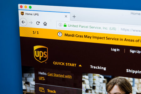 LONDON, UK - FEBRUARY 10TH 2018: The homepage of the official website for United Parcel Service, also known as UPS - the American package delivery company, on 10th February 2018.のeditorial素材