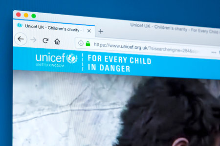LONDON, UK - FEBRUARY 24TH 2018: The homepage of the official website for UNICEF - the United Nations Childrens Fund, on 24th February 2018.のeditorial素材