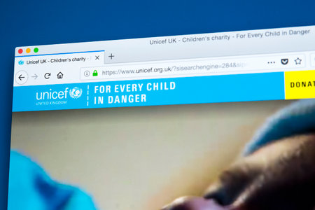 LONDON, UK - FEBRUARY 24TH 2018: The homepage of the official website for UNICEF - the United Nations Childrens Fund, on 24th February 2018.のeditorial素材