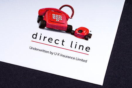 LONDON, UK - MARCH 27TH 2018: A close-up of the Direct Line company icon, pictured on the bottom of an information leaflet, on 27th March 2018.  Direct Line is a UK insurance company.のeditorial素材