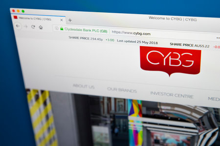 LONDON, UK - MAY 29TH 2018: The homepage of the official website for CYBG plc - the holding company that owns Clydesdale Bank and Yorkshire Bank, on 29th May 2018.のeditorial素材