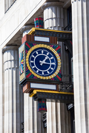 LONDON, UK - JUNE 6TH 2018: A close-up of the Art Deco style Clock on the exterior of Peterborough...