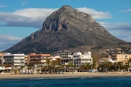 XABIA, SPAIN - APRIL 12TH 2018: A view of the magnificent Montgo mountain, located in Javea in Spain, on 12th April 2018.  It is also known as Elephant Mountain and Montgo Massif.のeditorial素材