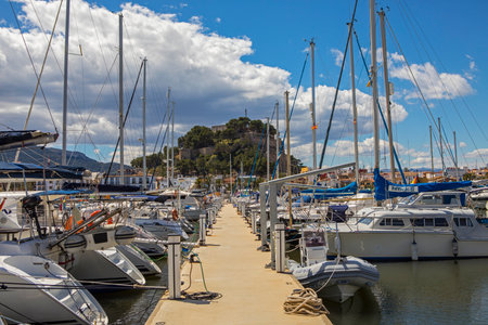 DENIA, SPAIN - APRIL 12TH 2018: A beautiful view of Castillo de Denia from Port Denia in Spain, on 12th April 2018.のeditorial素材