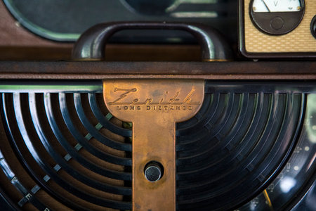 GUADALEST, SPAIN - APRIL 13TH 2018: A close-up of the Zenith logo on a Zenith Long Distance Radio,...
