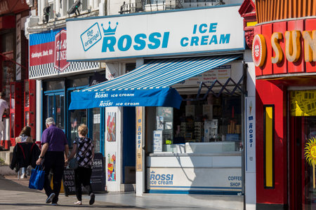 SOUTHEND-ON-SEA, ESSEX - APRIL 18TH 2018: Rossi Ice Cream parlour located on Southend seafront in Southend-on-Sea in Essex, UK, on 18th April 2018.のeditorial素材
