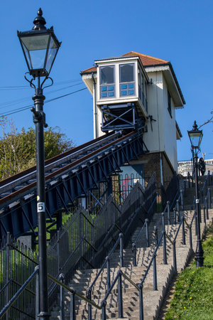 SOUTHEND-ON-SEA, ESSEX - APRIL 18TH 2018: The Southend Cliff Railway, also known as the Southend Cliff Lift, in Southend-on-Sea, Essex, on 18th April 2018.のeditorial素材