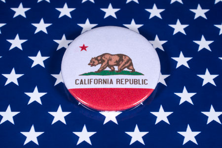 LONDON, UK - APRIL 27TH 2018: The symbol of the State of California, pictured over the flag of the United States of America, on 27th April 2018.のeditorial素材