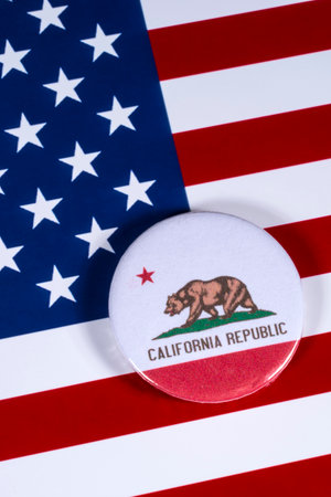 LONDON, UK - APRIL 27TH 2018: The symbol of the State of California, pictured over the flag of the United States of America, on 27th April 2018.のeditorial素材