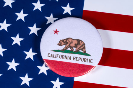 LONDON, UK - APRIL 27TH 2018: The symbol of the State of California, pictured over the flag of the United States of America, on 27th April 2018.のeditorial素材