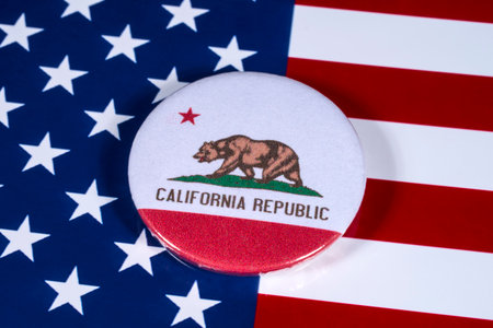 LONDON, UK - APRIL 27TH 2018: The symbol of the State of California, pictured over the flag of the United States of America, on 27th April 2018.のeditorial素材