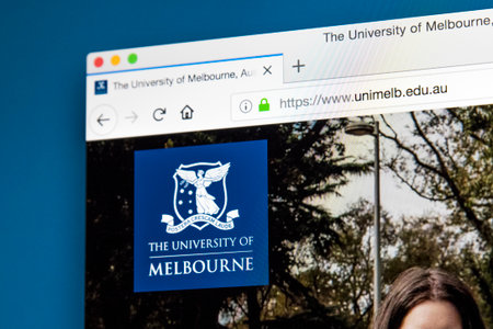 LONDON, UK - MAY 17TH 2018: The homepage of the official website for the University of Melbourne - a public research university located in Melbourne, Australia, on 17th May 2018.のeditorial素材