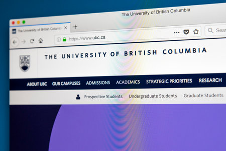 LONDON, UK - MAY 17TH 2018: The homepage of the official website for the University of British Columbia - a public research university located in Canada, on 17th May 2018.のeditorial素材