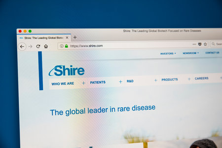 LONDON, UK - MAY 17TH 2018: The homepage of the official Website for Shire Plc - the global biopharmaceutical company, on 17th May 2018.のeditorial素材