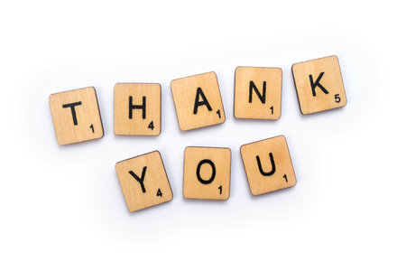 LONDON, UK - JULY 5TH 2018: THANK YOU, spelt with wooden letter Scrabble tiles, on 5th July 2018.のeditorial素材