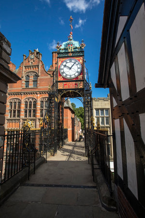 The famous Eastgate Clock, viewed from the historic city walls in the city of Chester, UK.