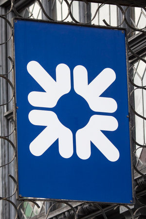 Chester, UK - August 1st 2018: A sign above the entrance to a Royal Bank of Scotland branch in the city of Chester, UK.のeditorial素材