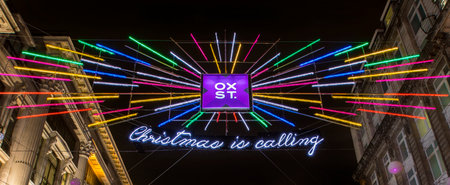 London, UK - November 19th 2018: A view of the festive Christmas lights on Oxford Street in London.のeditorial素材