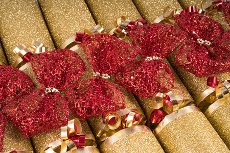 A studio shot of traditional Christmas Crackers.の写真素材