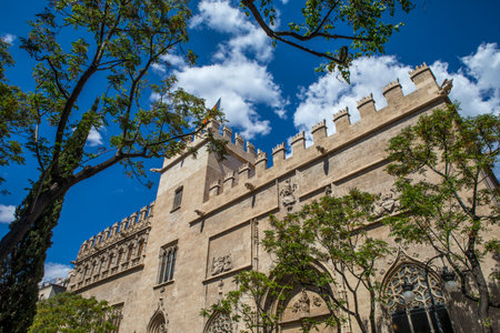 A view of the historic Silk Exchange building, also known as La Lonja de la Seda, or Llotja de la Seda in the beautiful city of Valencia in Spain.の写真素材