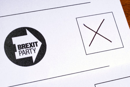 London, UK - May 14th 2019: A ballot paper for the 2019 European Elections, with a vote cast for the...