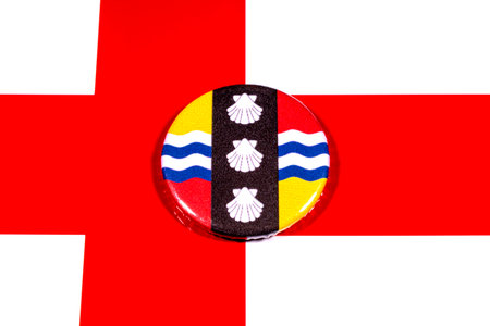 A badge portraying the flag of the English county of Bedfordshire pictured over the England flag.の写真素材