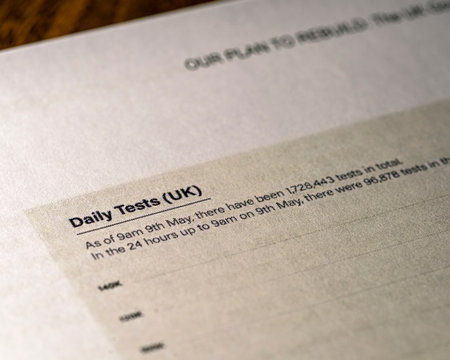 London, UK - May 11th 2020: Daily Tests heading in the document Our Plan To Rebuild - the UK Governments COVID-19 recovery strategy.のeditorial素材