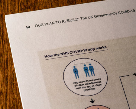 London, UK - May 11th 2020: How the NHS COVID-19 App Works heading in the document Our Plan To Rebuild - the UK Governments COVID-19 recovery strategy.のeditorial素材