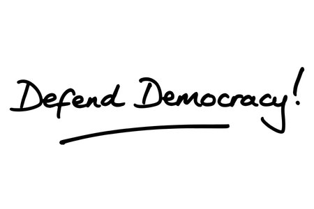 Defend Democracy! handwritten on a white background.の写真素材