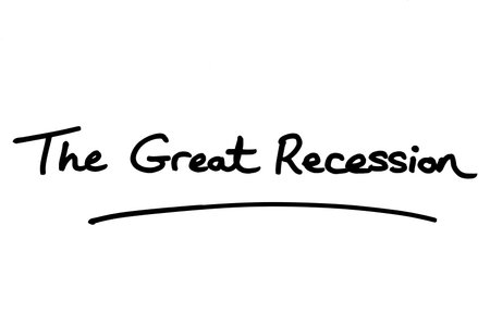 The Great Recession, handwritten on a white background.の写真素材
