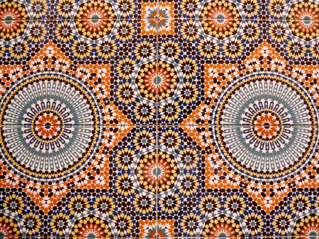 Blue and orange symmetrically patterned tiles, Essaouira, Morocco