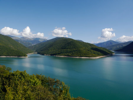 Zhinvali reservoir in the mountains, on way to Kasbegi, Georgiaの写真素材