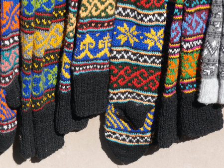 Colourful, hand knitted patterned woollen socks, Tblisi, Georgiaの写真素材