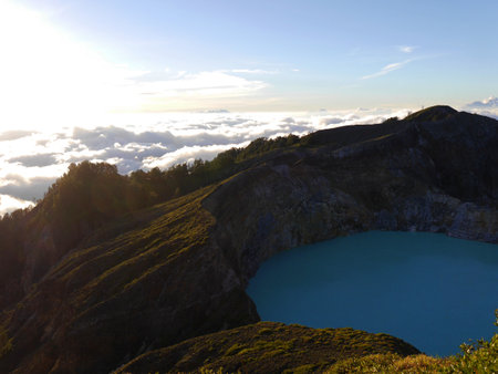 View of one of Kelimutu tri-coloured crater lakes, Flores, Indonesiaの写真素材