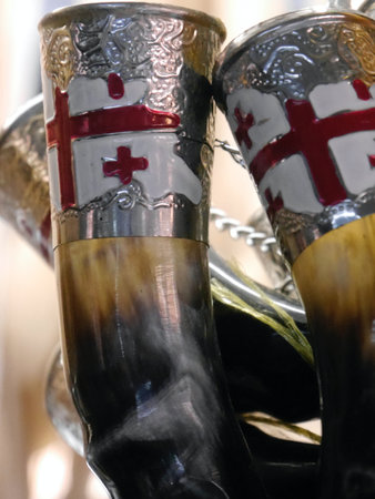 Close up of traditional, Georgian drinking horn, Tbilisi, Georgia.