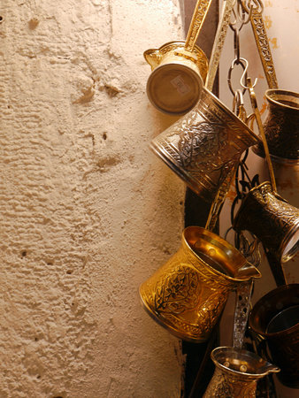 Close up of traditional copper Turkish coffee pots, Istanbul, Turkeyの写真素材