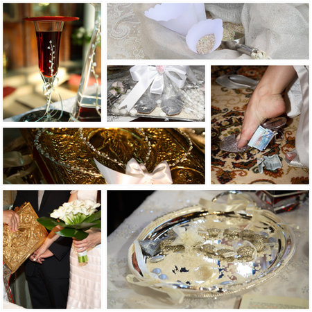 collage of orthodox traditional wedding momentsの写真素材