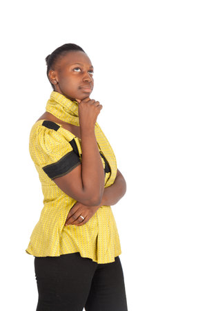 Beautiful black woman doing different expressions in different sets of clothes: thinkingの写真素材