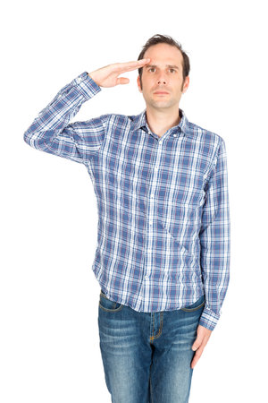 Handsome man doing different expressions in different sets of clothes: at attention
