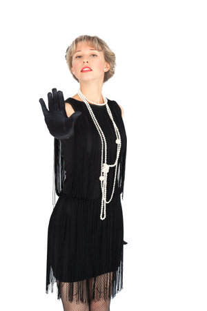 Beautiful businesswoman doing different expressions in different sets of clothes: stop sign