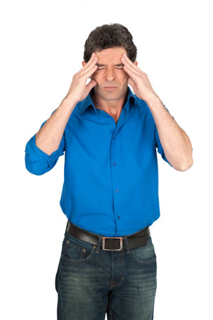 Handsome man doing different expressions in different sets of clothes: headacheの写真素材