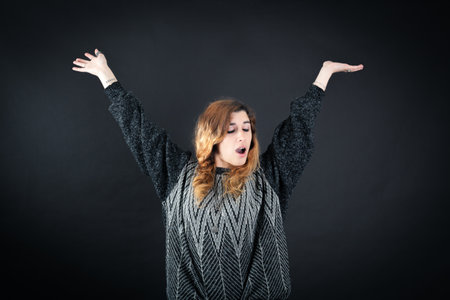 Beautiful woman doing different expressions in different sets of clothes: wake up