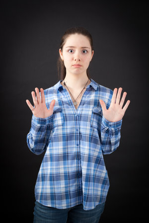 beautiful woman doing different expressions in different sets of clothes: innocent