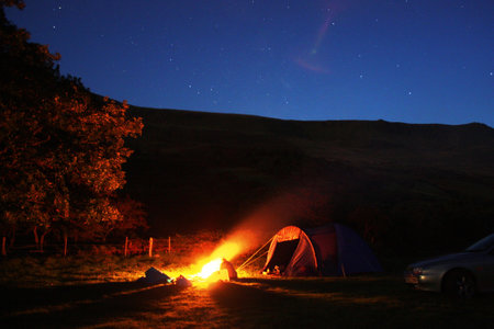 Camp fire at nightの写真素材