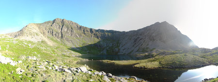 Panorama at Llyn-y-Gadair on cadair idris mountain in snowdoniaの写真素材