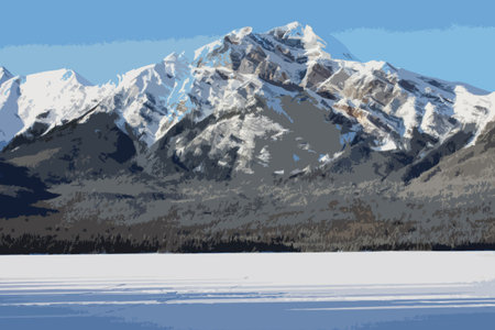 Rocky mountain scene under a cloudy blue skyのイラスト素材