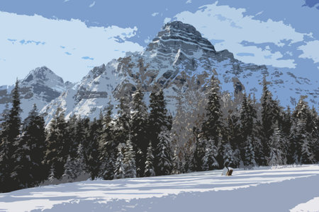 Rocky mountain scene under a cloudy blue skyのイラスト素材