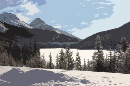 a frozen lake in front of a mountain in the rockies under blue skyのイラスト素材
